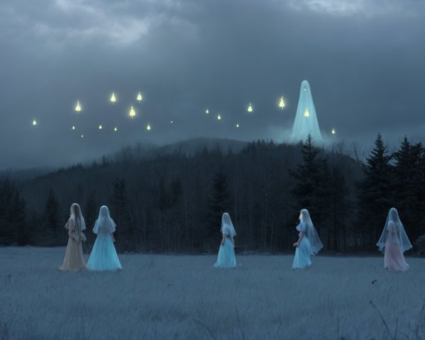 Ethereal Figures in Twilight Landscape with Apparition