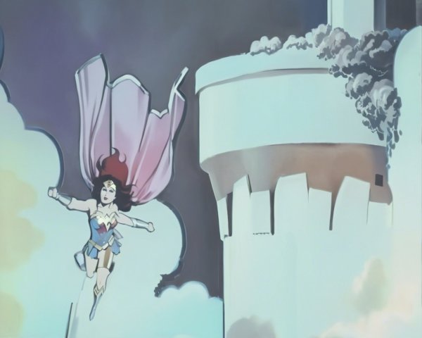 Superheroine in Vibrant Costume Soaring Through Sky