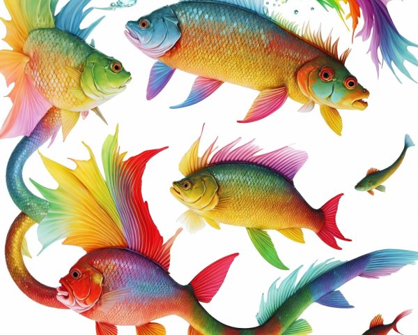 Vibrant Underwater Scene with Colorful Fish and Fountains