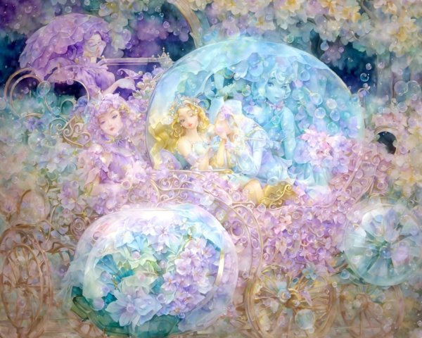 Ethereal Figures in a Carriage Surrounded by Blooms