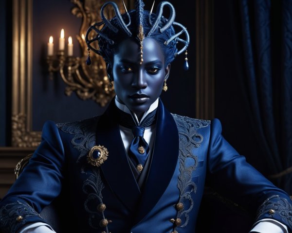 Regal Figure in Blue Suit with Gold Accessories