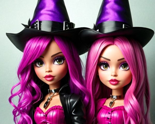 Fashionable dolls in pink outfits and witch hats