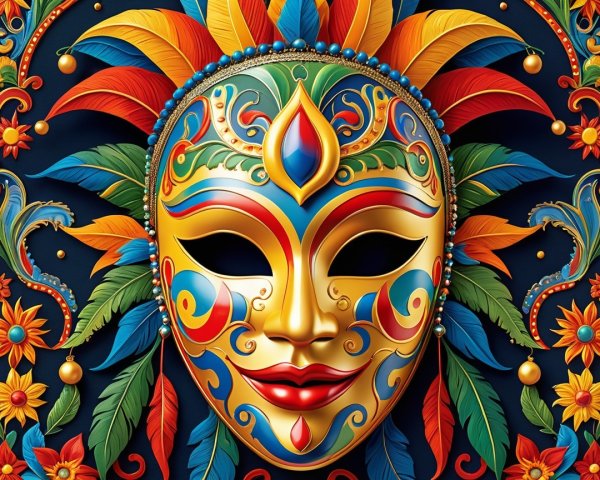 Vibrant Mask with Colorful Feathers and Floral Patterns