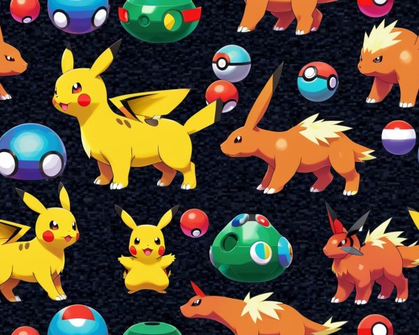 Colorful Pokémon Pattern with Poké Balls and Characters