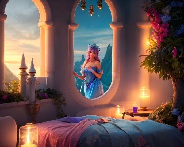 Dreamy Room with Young Woman in Blue Gown
