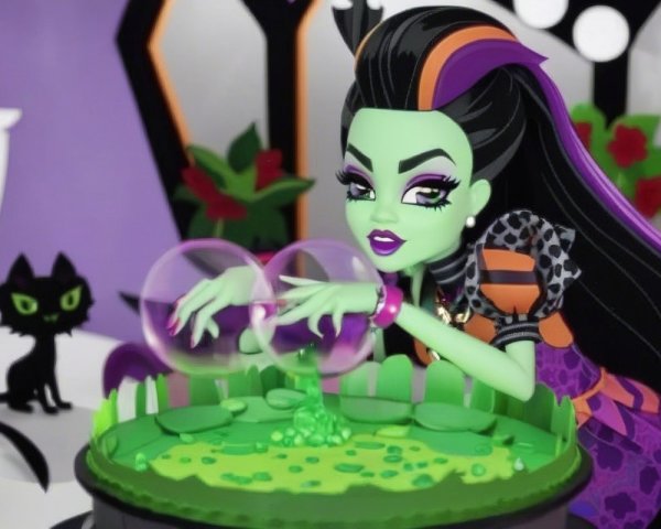 Animated Character with Green Skin and Cauldron Scene
