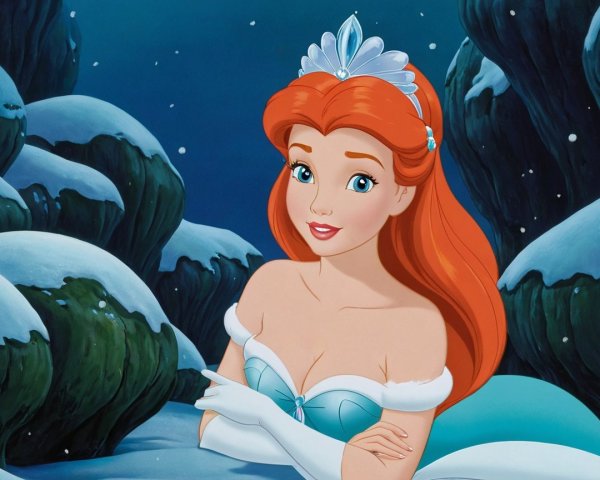 Animated character in snowy fairy-tale landscape