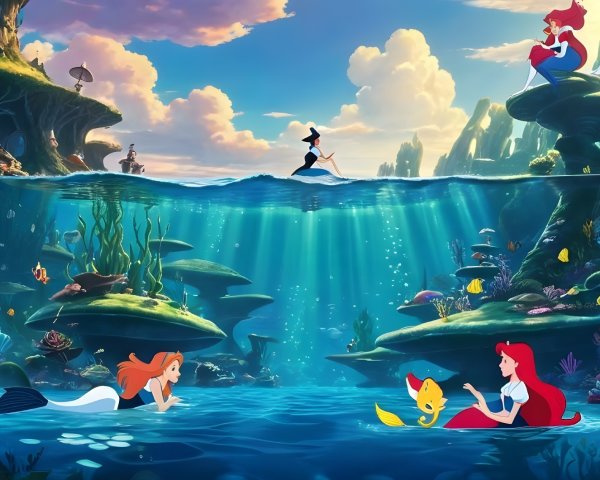 Underwater Scene with Mermaids and Colorful Coral Reefs