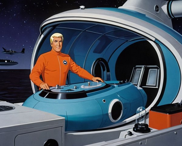 Futuristic astronaut in sleek spacecraft with control panel