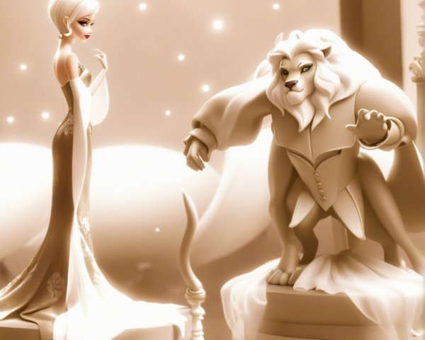 Elegant Woman and Lion in Dreamy Sepia Scene