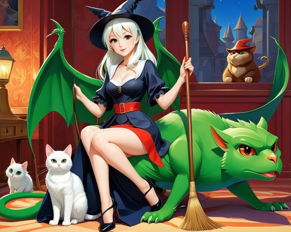 Witch on Dragon with Cats in Whimsical Setting