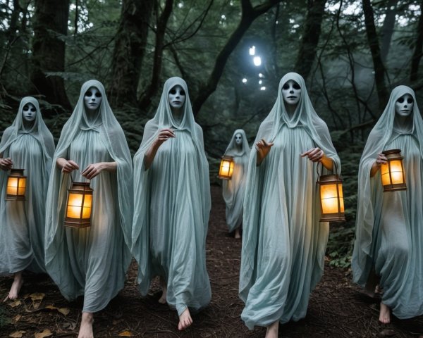 Misty Forest with Cloaked Figures and Glowing Lanterns