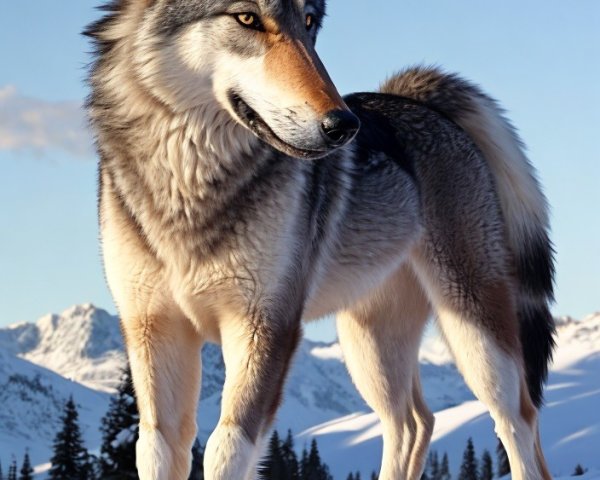 Wolf in Snowy Landscape with Mountains Background