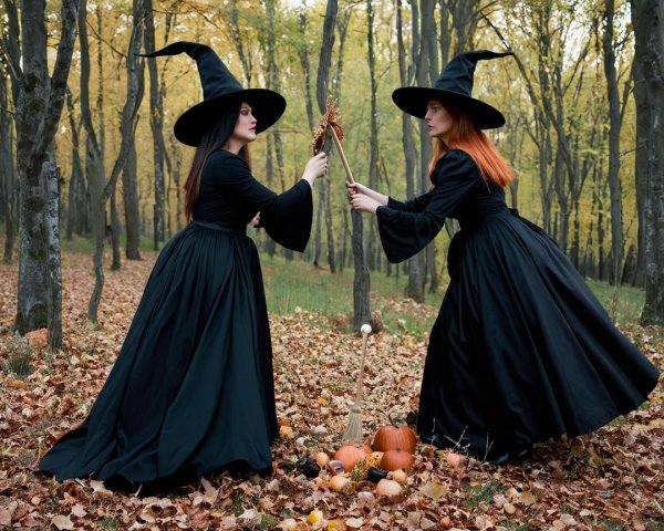 Witches Performing Ritual in Autumn Forest Setting