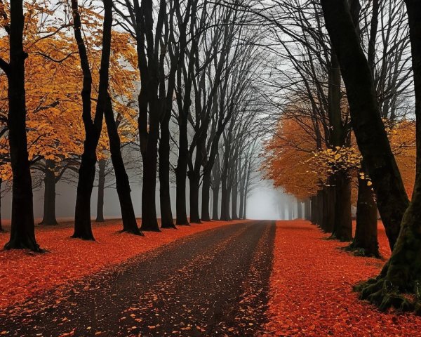 Misty Forest Pathway with Vibrant Autumn Leaves