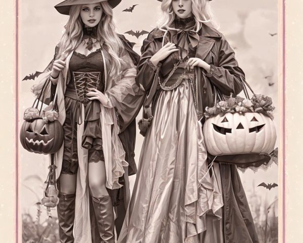 Witches in Autumn Landscape with Pumpkins and Bats