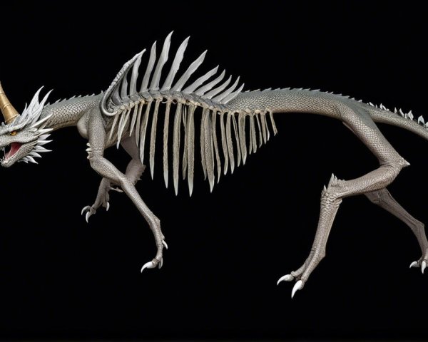Skeletal Dragon with Horns and Sharp Claws in Profile