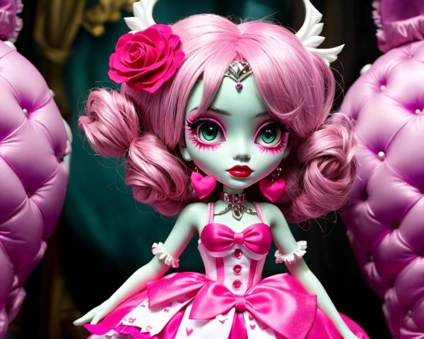 Whimsical Doll with Mint Green Skin and Pink Hair