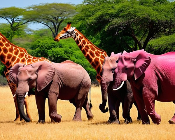 Elephants and Giraffes in a Vibrant Savanna Landscape