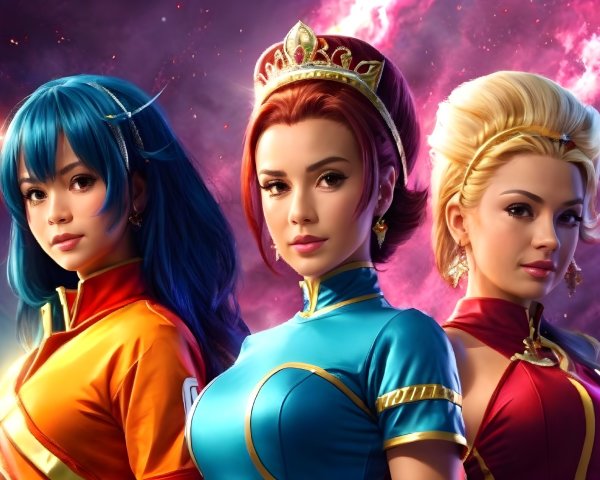 Vibrant Superhero-Inspired Costumes in Cosmic Setting