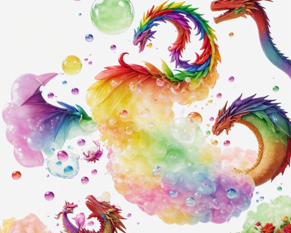 Whimsical Dragons in Rainbow Clouds with Bubbles