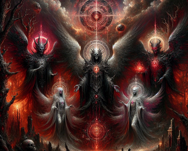 Ethereal Winged Figures in a Dark Cosmic Landscape