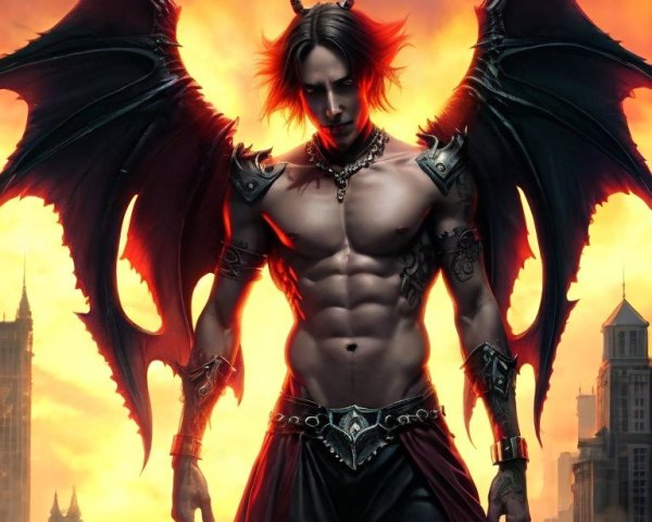 Muscular Figure with Horns and Bat-Winged Wings