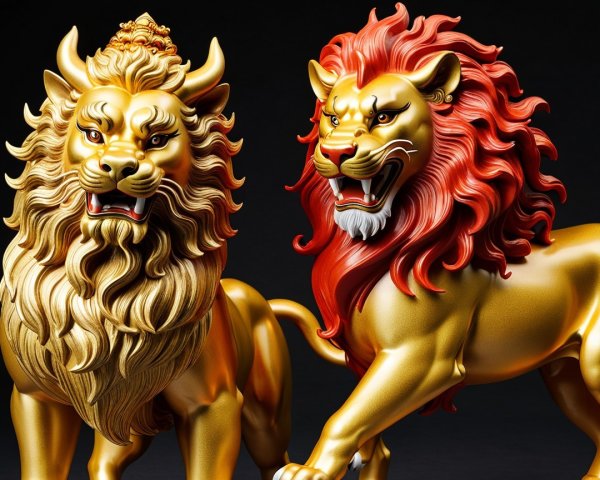 Majestic Lion Sculptures in Gold and Red Finishes