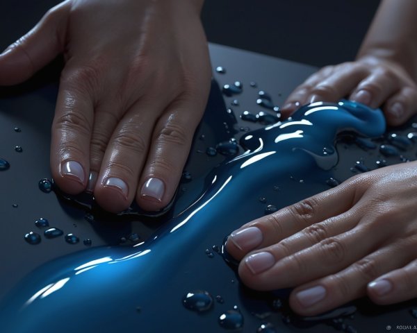 Manicured Hands Creating Ripples in Blue Liquid