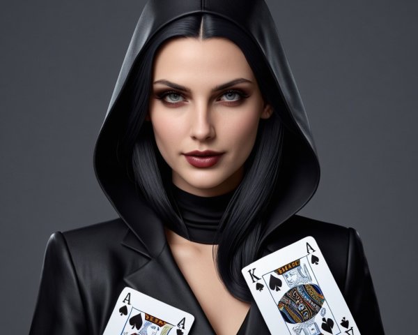 Woman in Black Hooded Outfit with Playing Cards