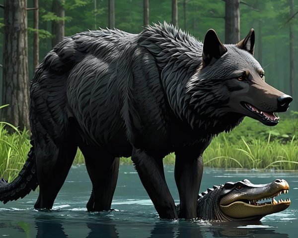 Black Wolf and Crocodile in Serene Forest Scene