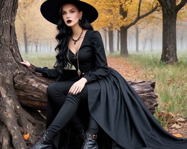 Witch in Black Gown in Autumn Forest with Fog