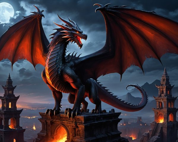 Black dragon on ancient ruins under a night sky
