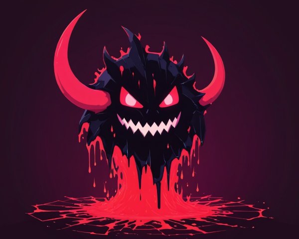 Cartoonish creature in lava with glowing red eyes