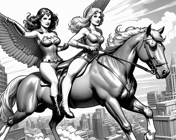 Female superheroes on a white horse in a cityscape