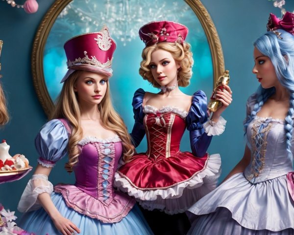 Four Elegant Dolls in Colorful Gowns and Accessories
