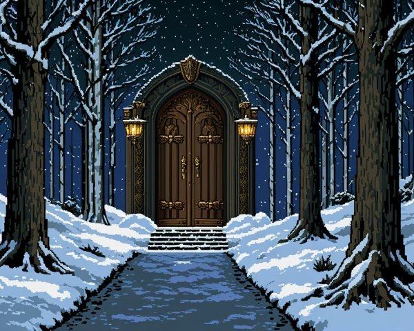 Pixelated Winter Scene with Grand Door and Lanterns