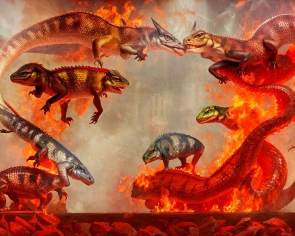 Dramatic Dinosaurs and Reptiles in Fiery Landscape