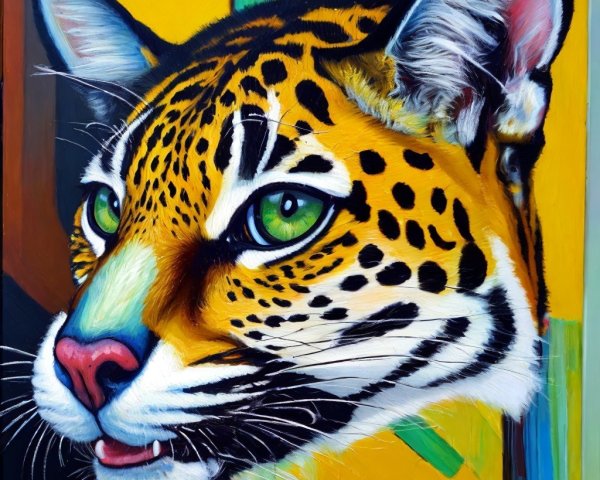 Close-up of a jaguar's head with vibrant colors