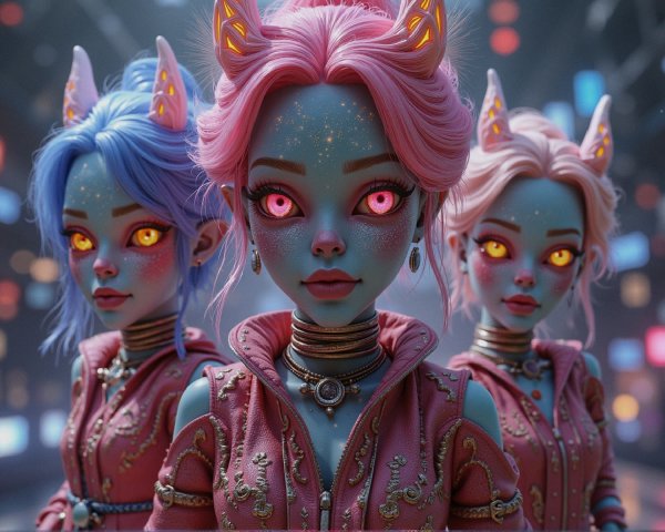Three Fantastical Characters with Vibrant Hair and Outfits