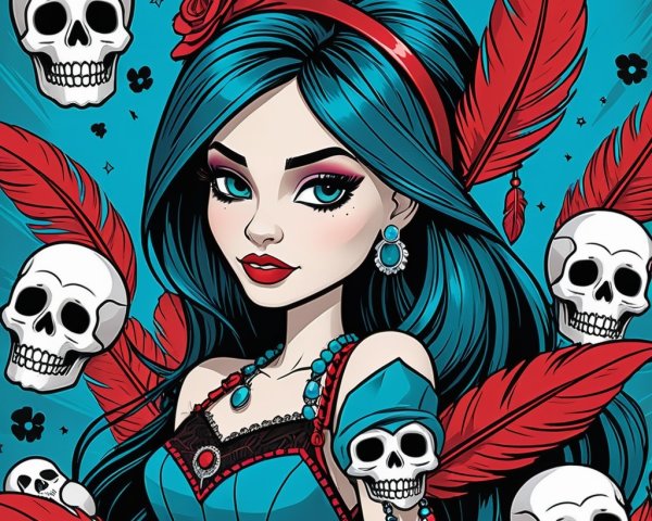 Stylized character with blue hair and vibrant accessories