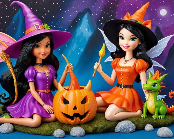 Whimsical Witch Dolls Carving a Jack-o'-Lantern