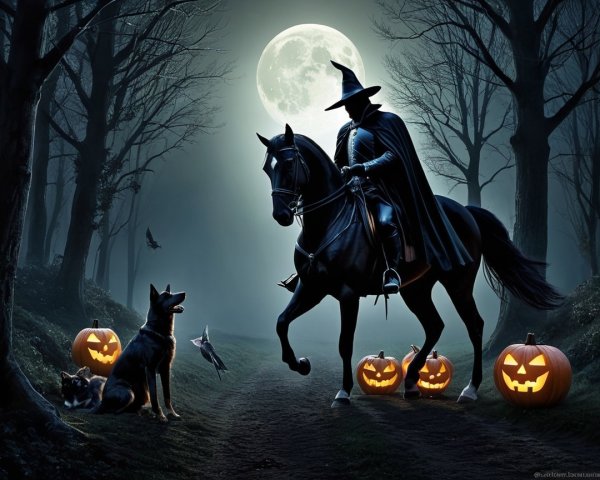 Cloaked Figure on Horse in Misty Halloween Forest