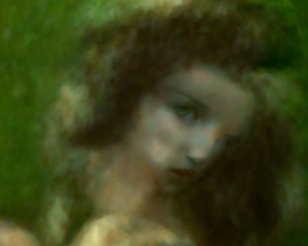 Blurred Figure with Ethereal Expression on Green Background