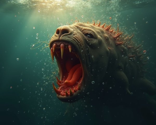 Fantastical creature in dark waters with sharp teeth