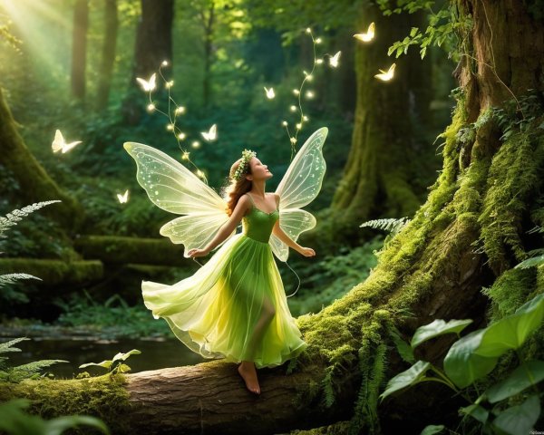 Whimsical Fairy on Moss-Covered Log in Enchanting Forest