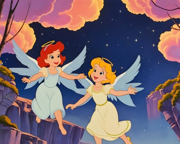 Cheerful Angelic Girls in Dreamy Landscape Scene