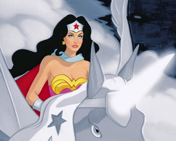 Female superhero on unicorn in gold and red outfit