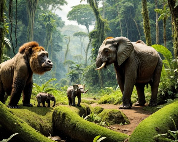 Elephant and Calf in a Lush Jungle Habitat
