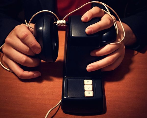 Close-Up of Vintage Black Telephone with Hands